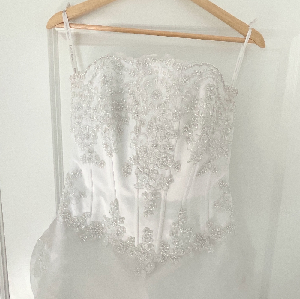 DAVIDS BRIDAL WEDDING DRESS with slip skirt, bridal corset, Veil And Garment Bag